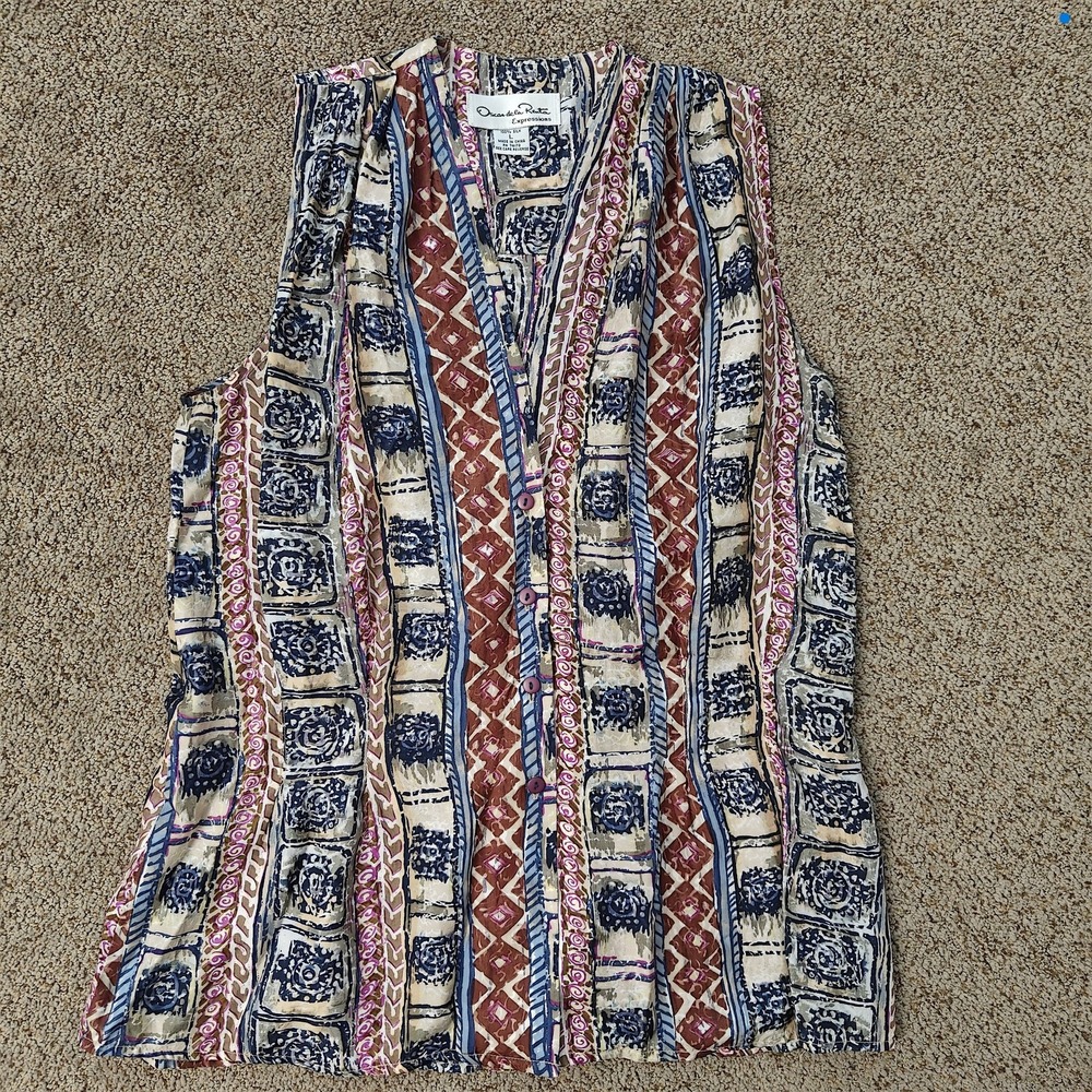VTG Oscar de la Renta Womens L Silk Sleeveless Button Blouse Geometric - Picture 2 of 7